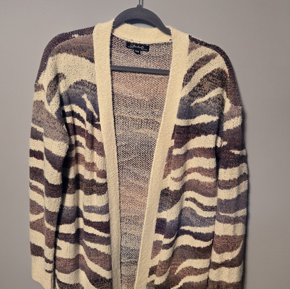 Charlie B Women's Zebra Pattern Cardigan - Cream and Brown With Some Blue